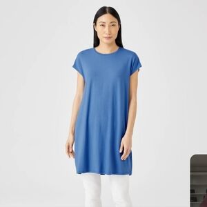 Eileen Fisher Fine Jersey Cap Sleeve Mini Dress Blue Coastal Marine Luxury Soft
